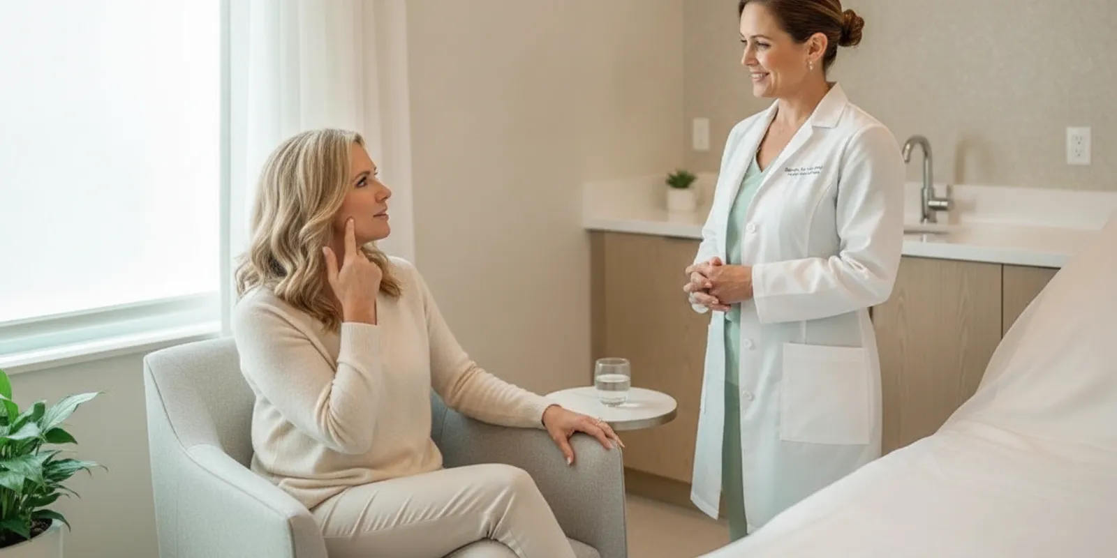 Patient speaking with a physician about radiofrequency skin tightening in Naples