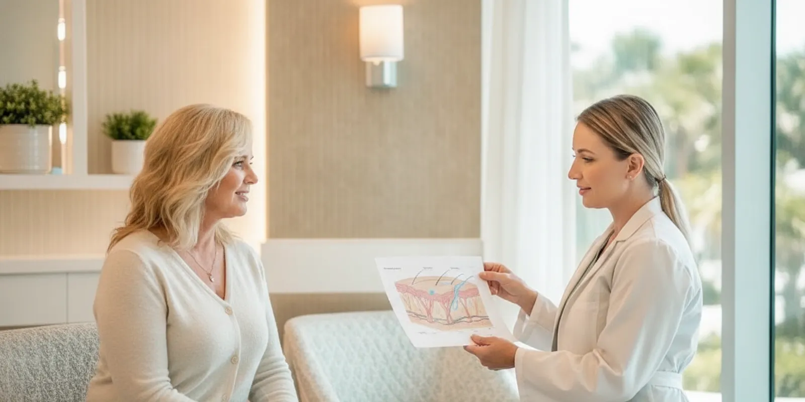 Woman discussing facial pigmentation with a physician during a skin consultation