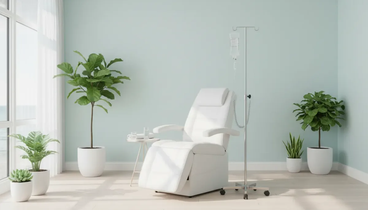 An IV therapy room with a white reclining chair, an IV pole and drip bag, surrounded by potted plants.