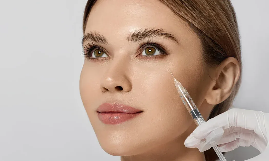 Close-up of a woman's face turned to one side as a gloved hand holds a fine syringe near her cheek.