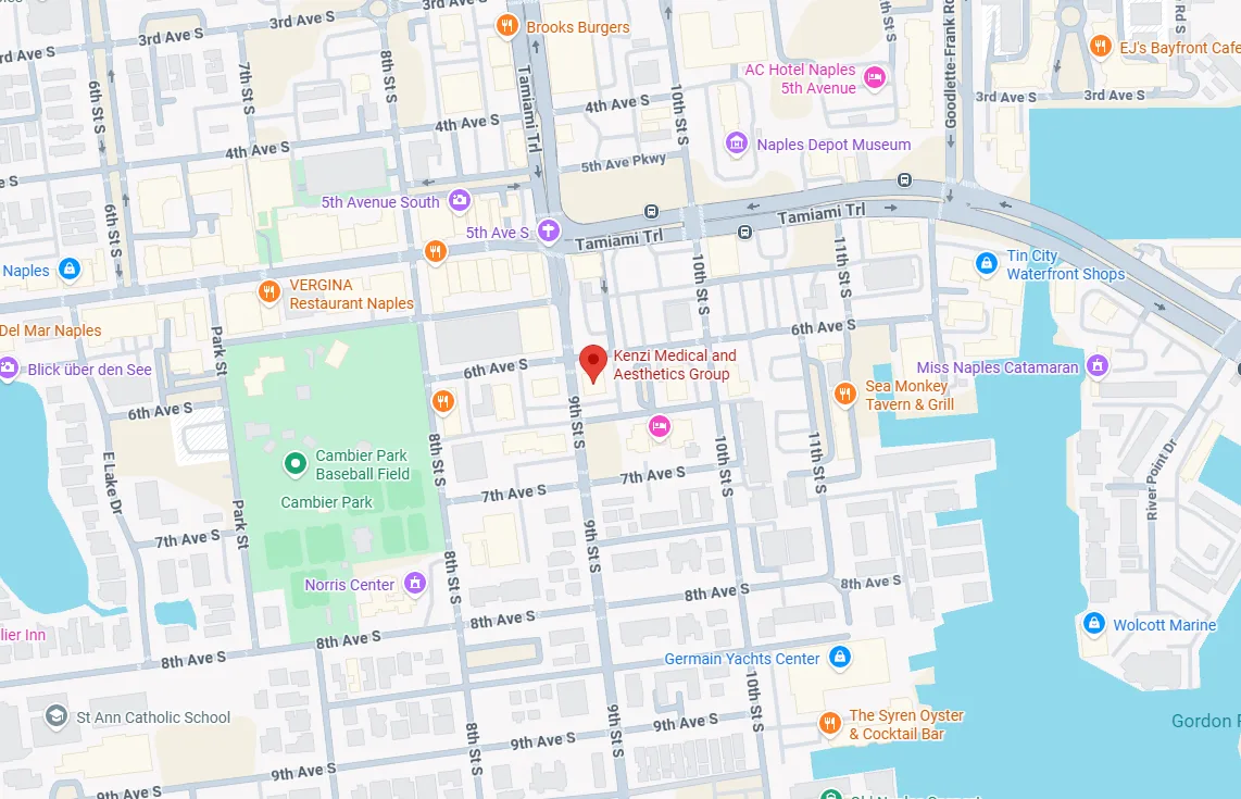 Map of downtown Naples with a pin on Kenzi Medical and Aesthetics Group on 6th Avenue South, between Cambier Park and Naples Bay.